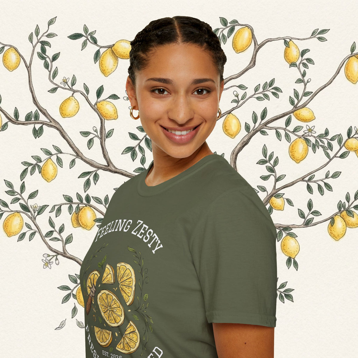 Olive green graphic tee with “FEELING ZESTY” citrus slices print, crewneck