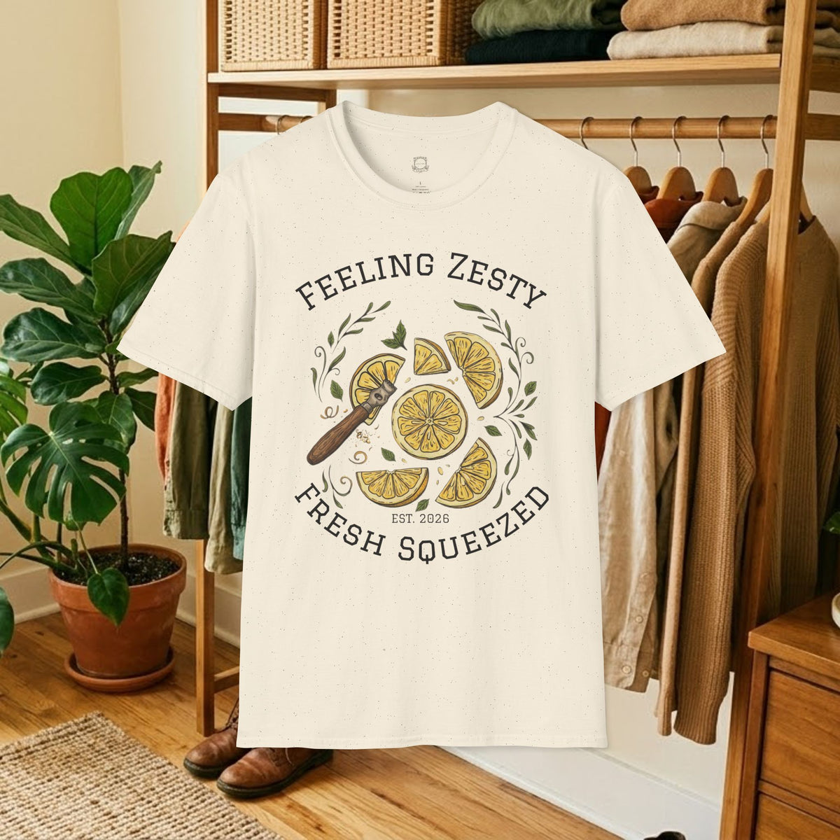 Citrus graphic tee in white with lemon slice illustration and “Fresh Squeezed” text
