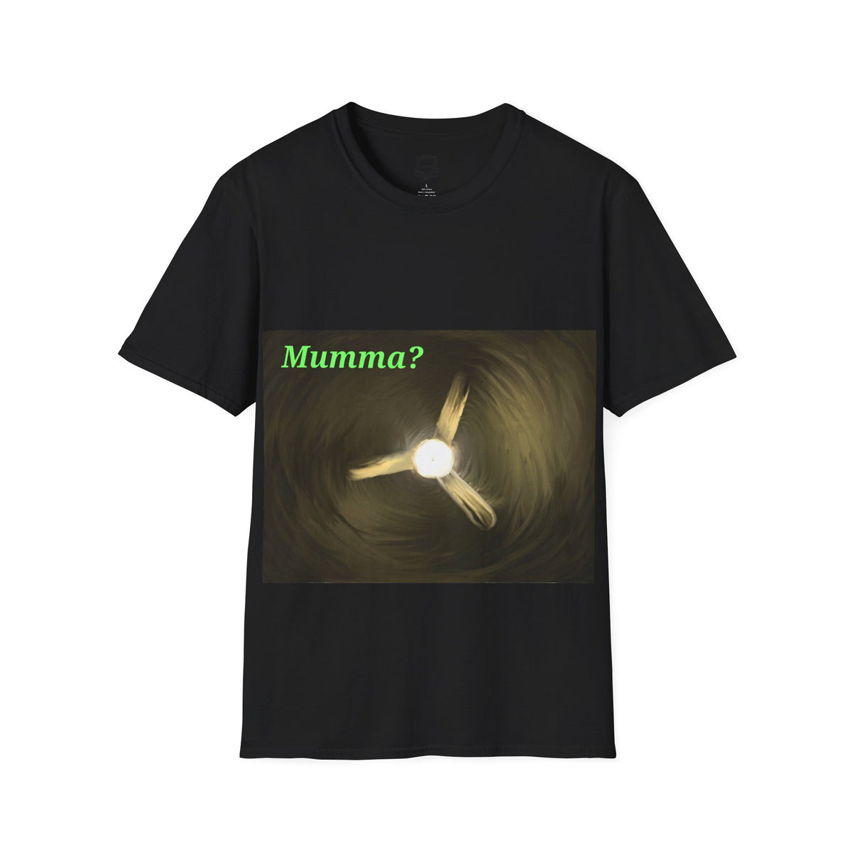 Black ceiling fan graphic T-shirt with green "Mumma?" text and glowing fan design