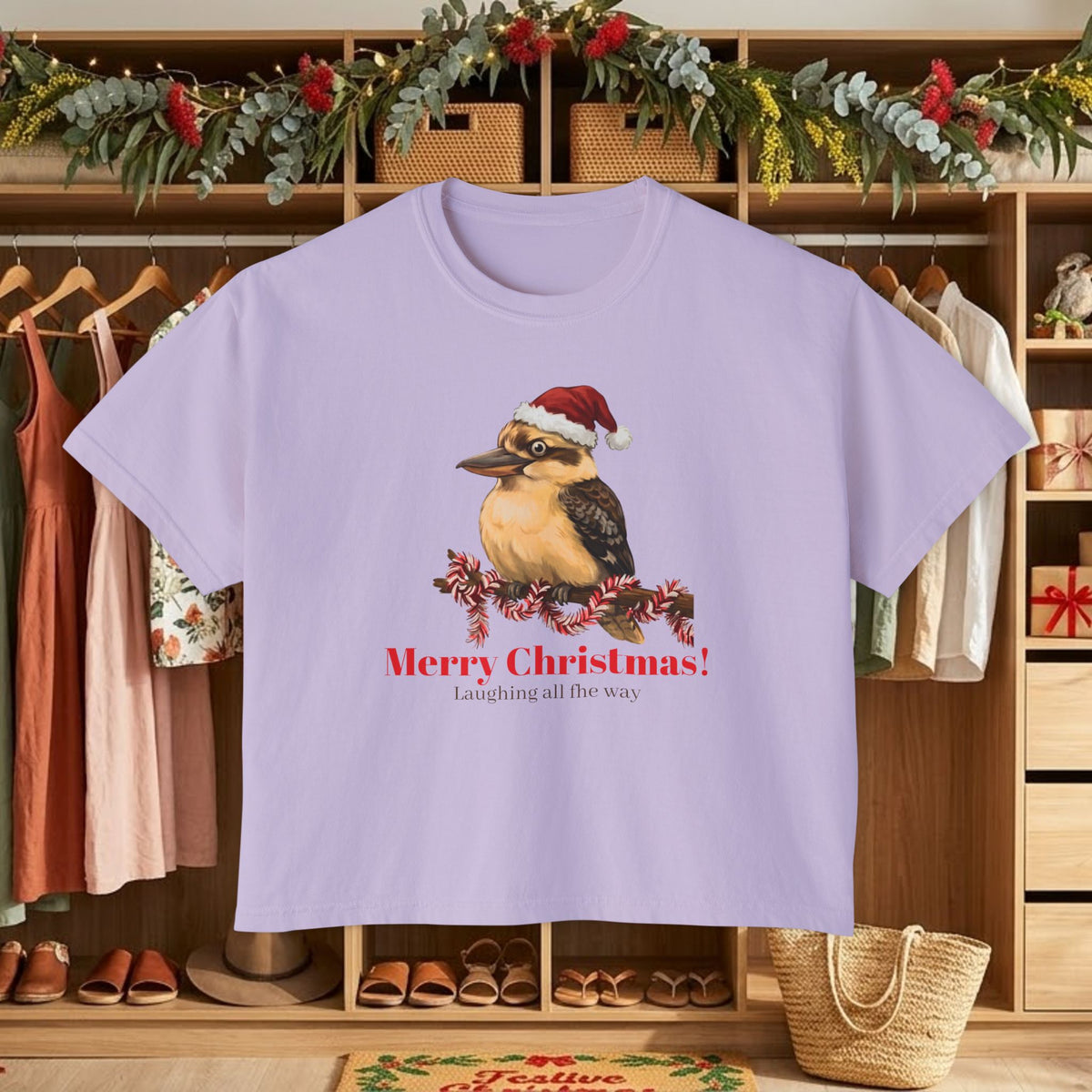 Lavender graphic t-shirt with Santa-hat bird and “Merry Christmas!” front print