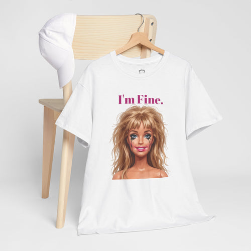 White unisex cotton graphic tee with 'I'm Fine.' text and doll face print