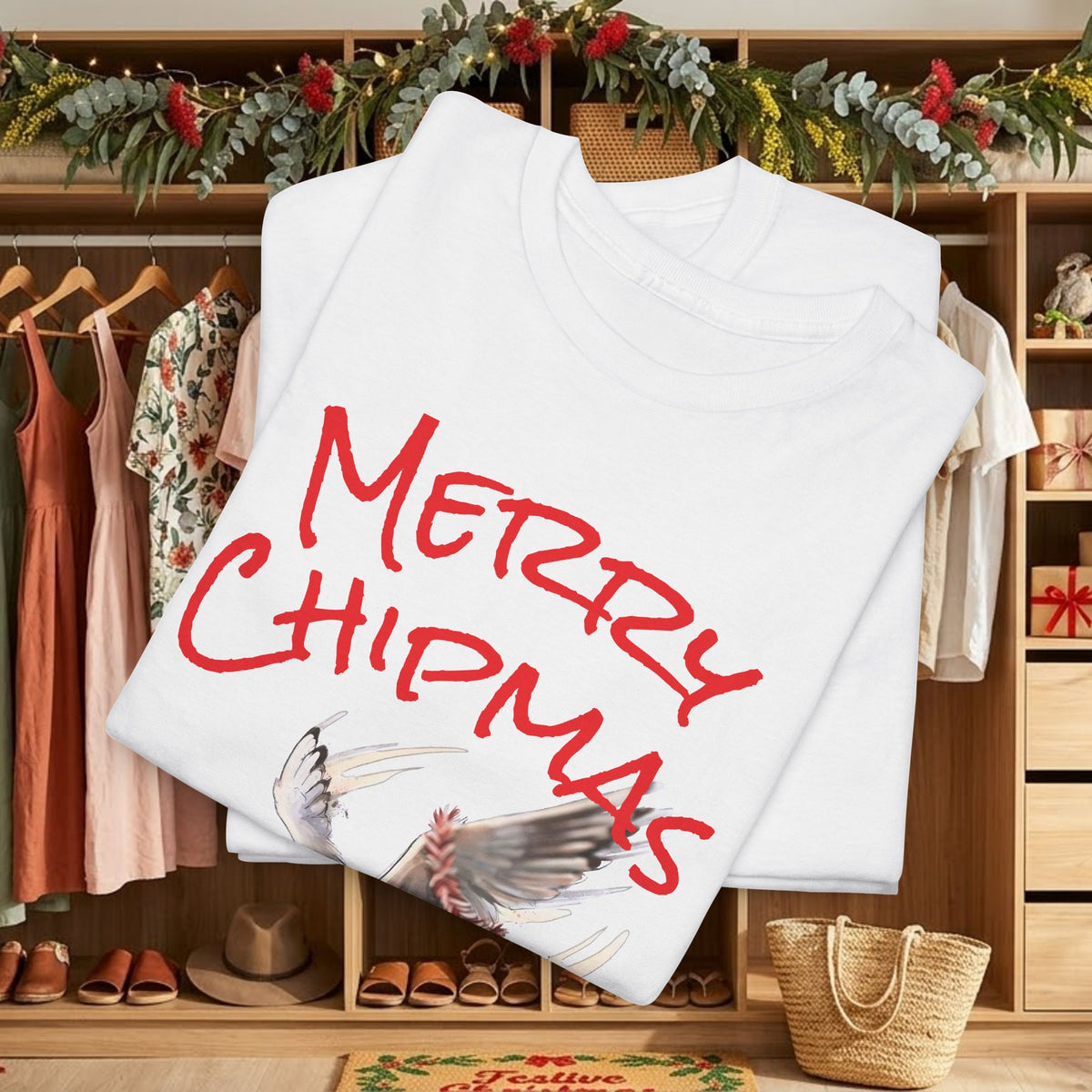 White crewneck tee with red “Merry Chipmas” seagull graphic across front