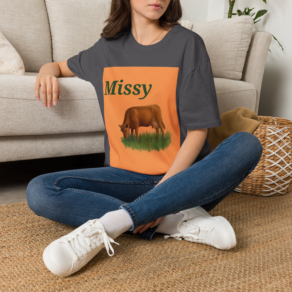 Charcoal cow graphic T-shirt with orange Missy panel and standing cow illustration