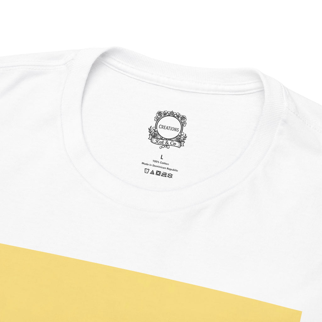 White crew-neck T-shirt collar detail with small chest logo and care icons