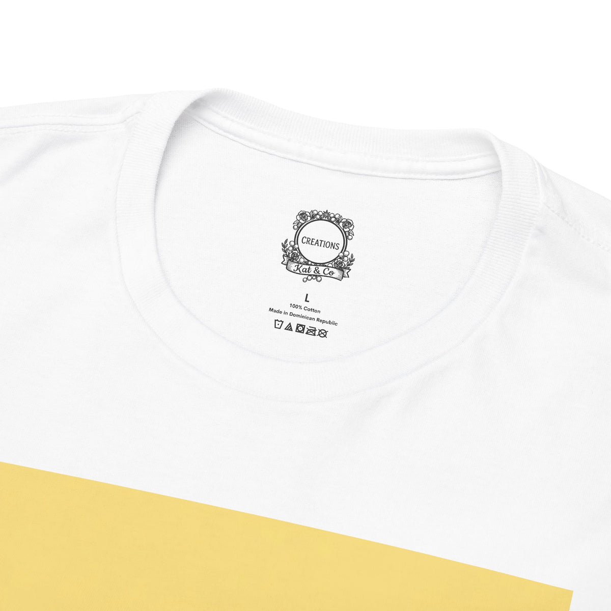 White crew-neck T-shirt collar detail with small chest logo and care icons