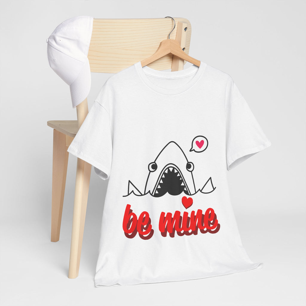 White T-shirt product shot with shark graphic and red "be mine" text with hearts