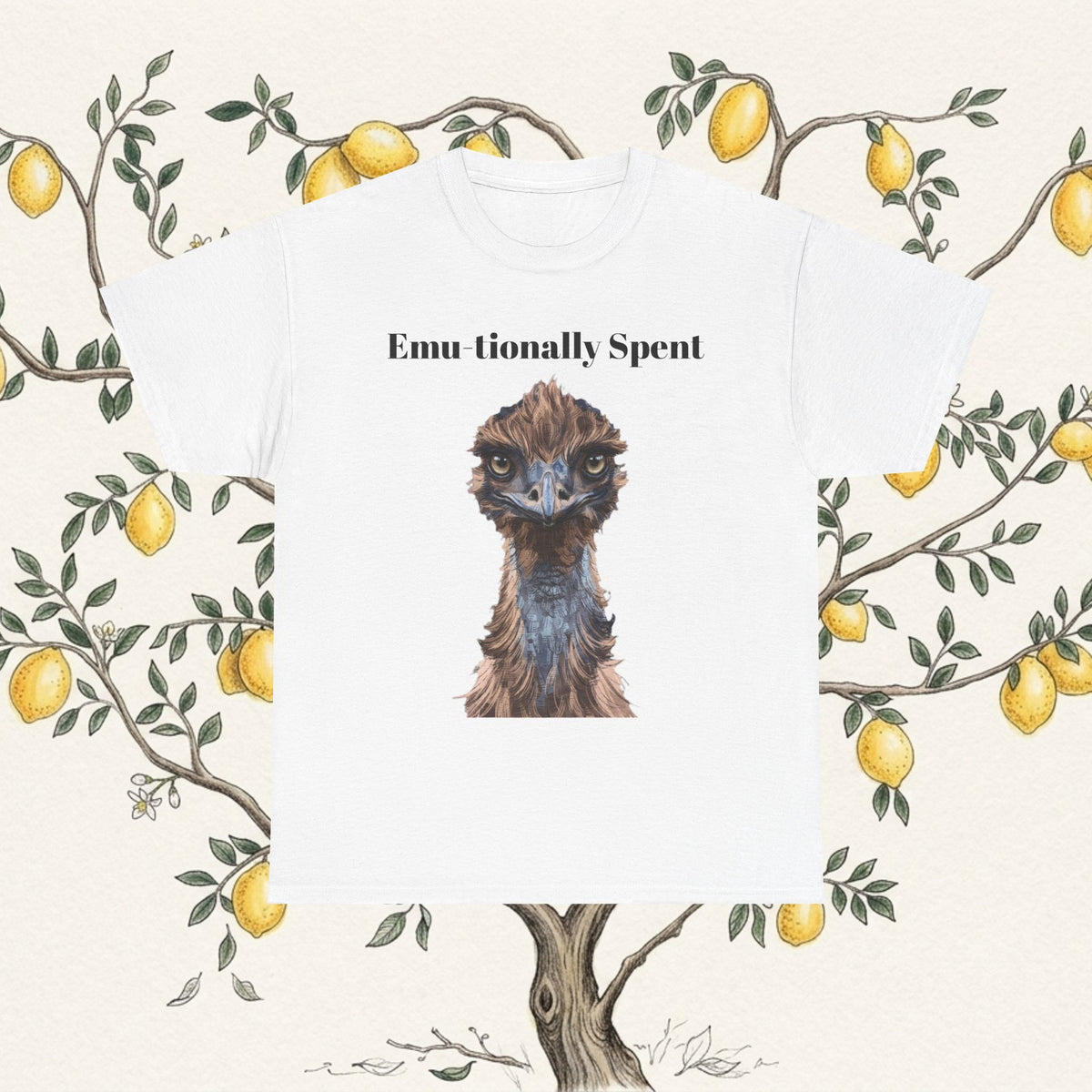 White crew-neck T-shirt with “Emu-tionally Spent” and a detailed emu portrait