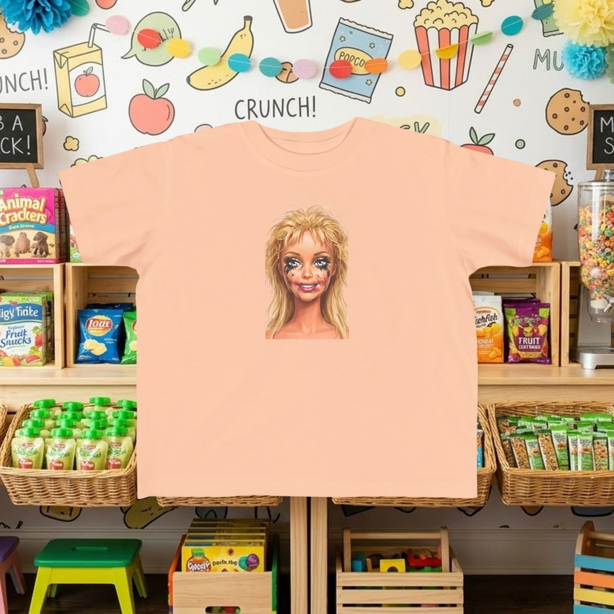 Toddler graphic T-shirt, light peach with smudged doll face portrait print