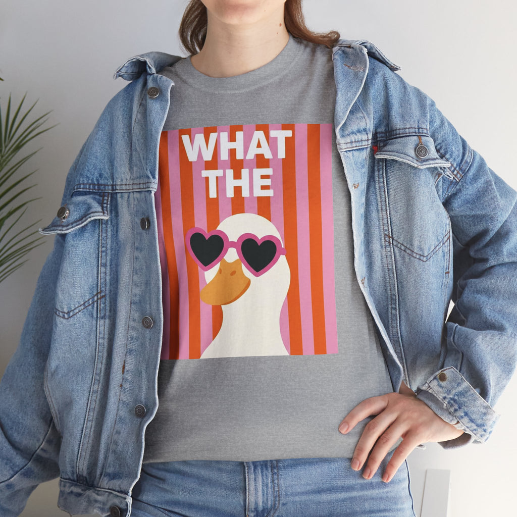 Light gray crewneck T-shirt with “WHAT THE” duck graphic and heart sunglasses