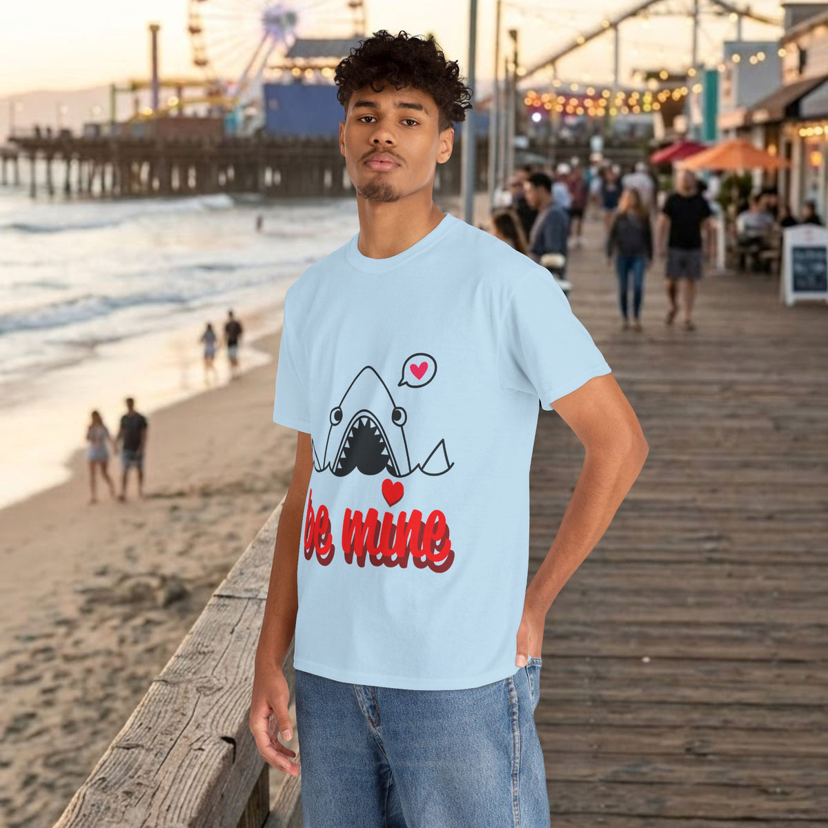 Light blue shark graphic T-shirt with red "be mine" lettering and hearts