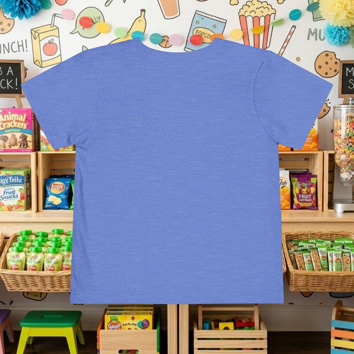Toddler blue t-shirt back view with small round logo