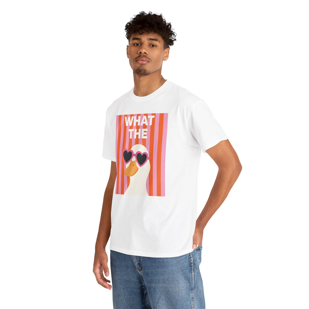 White crew-neck graphic T-shirt with retro heart sunglasses print, side pose