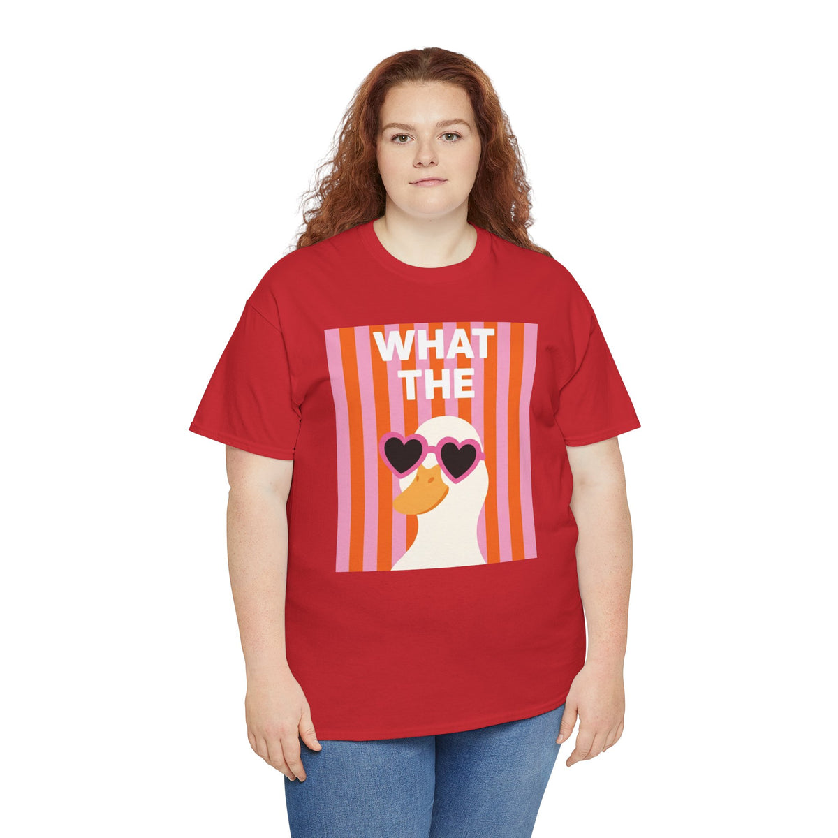 Red cotton graphic tee with duck face wearing heart sunglasses and “WHAT THE” lettering