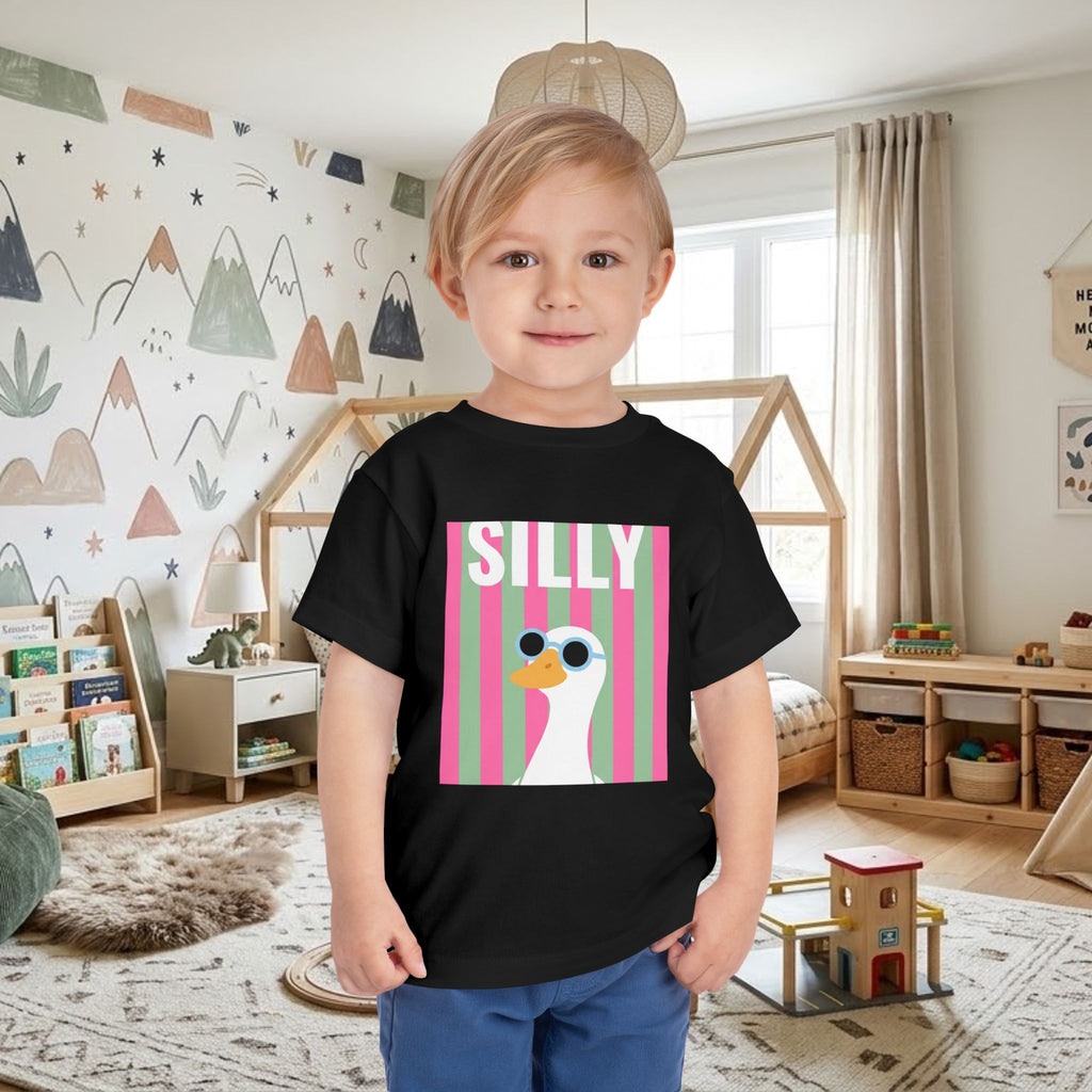 Toddler black graphic tee with “SILLY” sunglasses duck front print