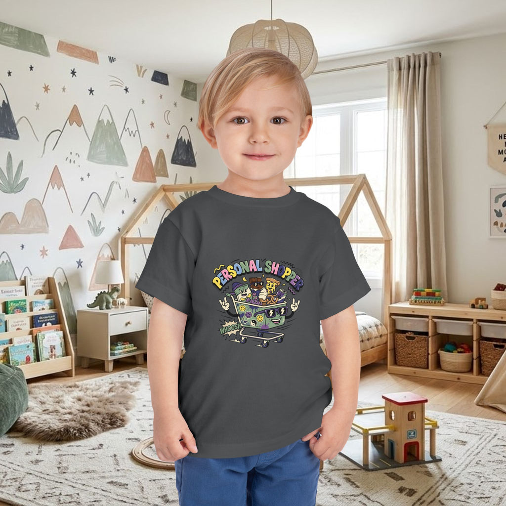 Toddler T-shirt in dark gray with colorful shopping cart graphic on front