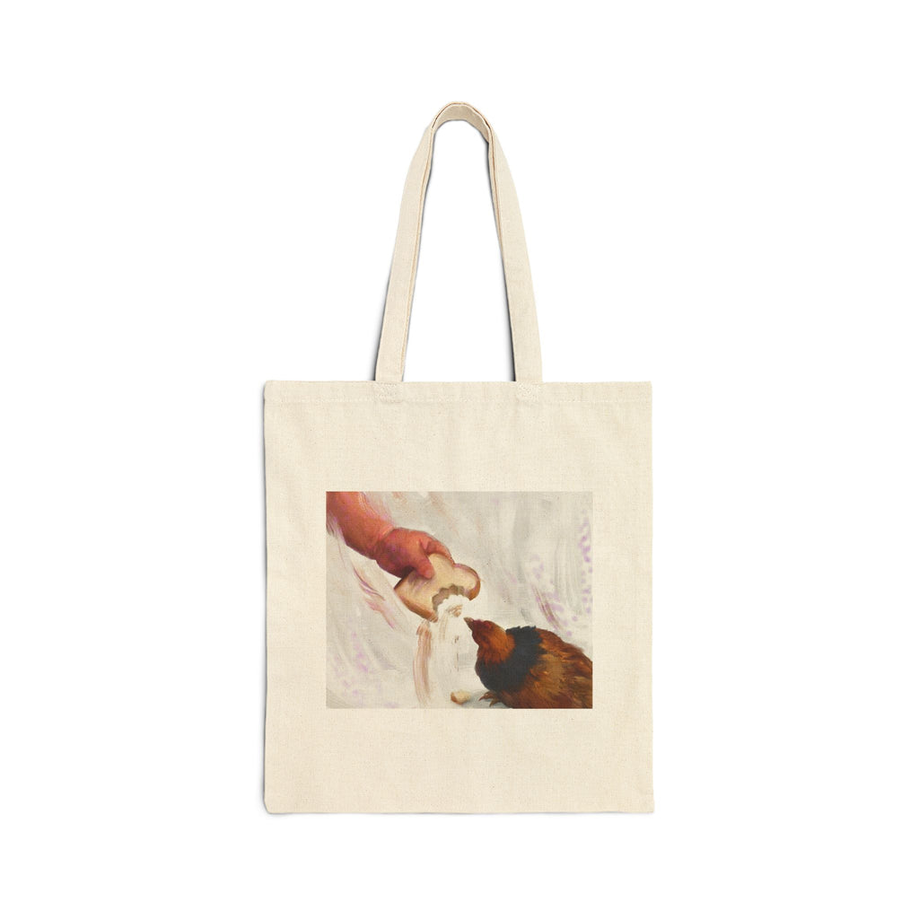 Natural canvas tote bag with vintage hen feeding illustration on the front.