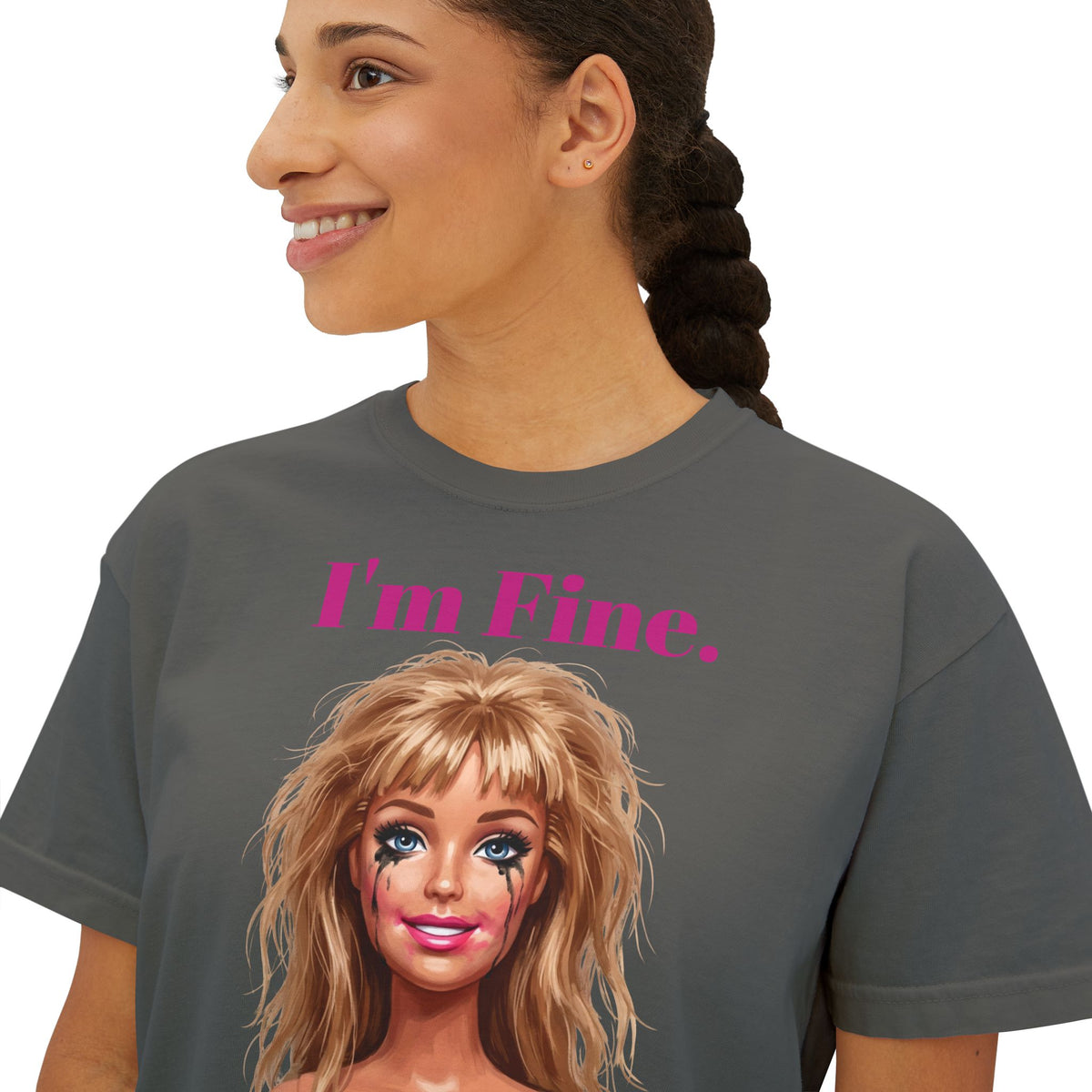 Boxy dark gray graphic tee with “I'm Fine.” text and doll face print, crew neck.