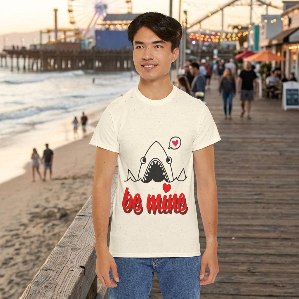 Off-white graphic shark T-shirt with red "be mine" lettering and pink heart