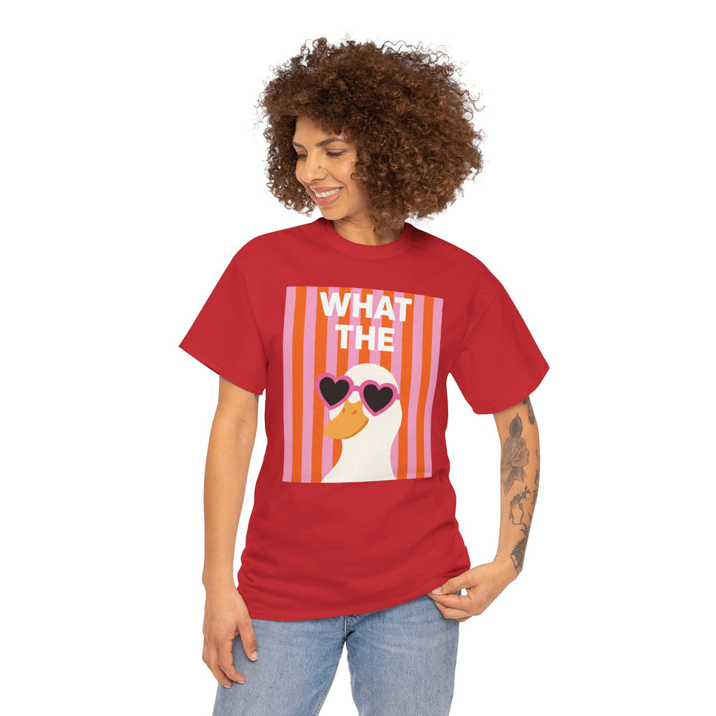 Red unisex crewneck T-shirt featuring “WHAT THE” heart sunglasses graphic