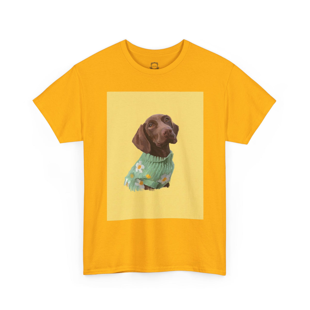 Gold pet t-shirt with dog portrait graphic in a yellow square panel