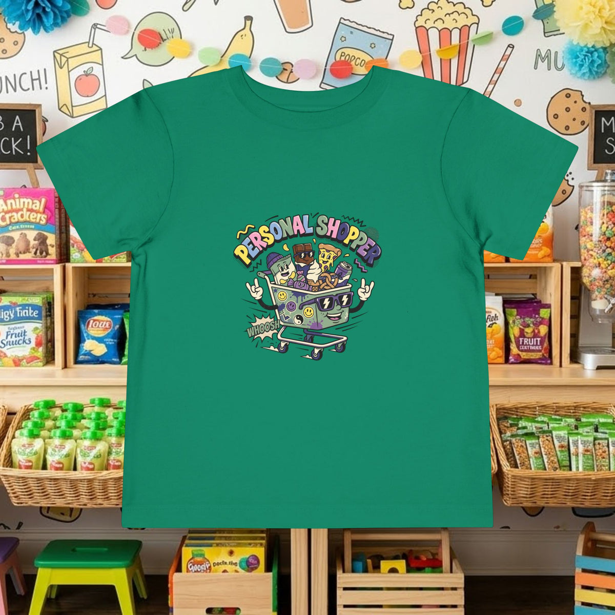 Toddler T-shirt in green with “Personal Shopper” shopping cart graphic on front