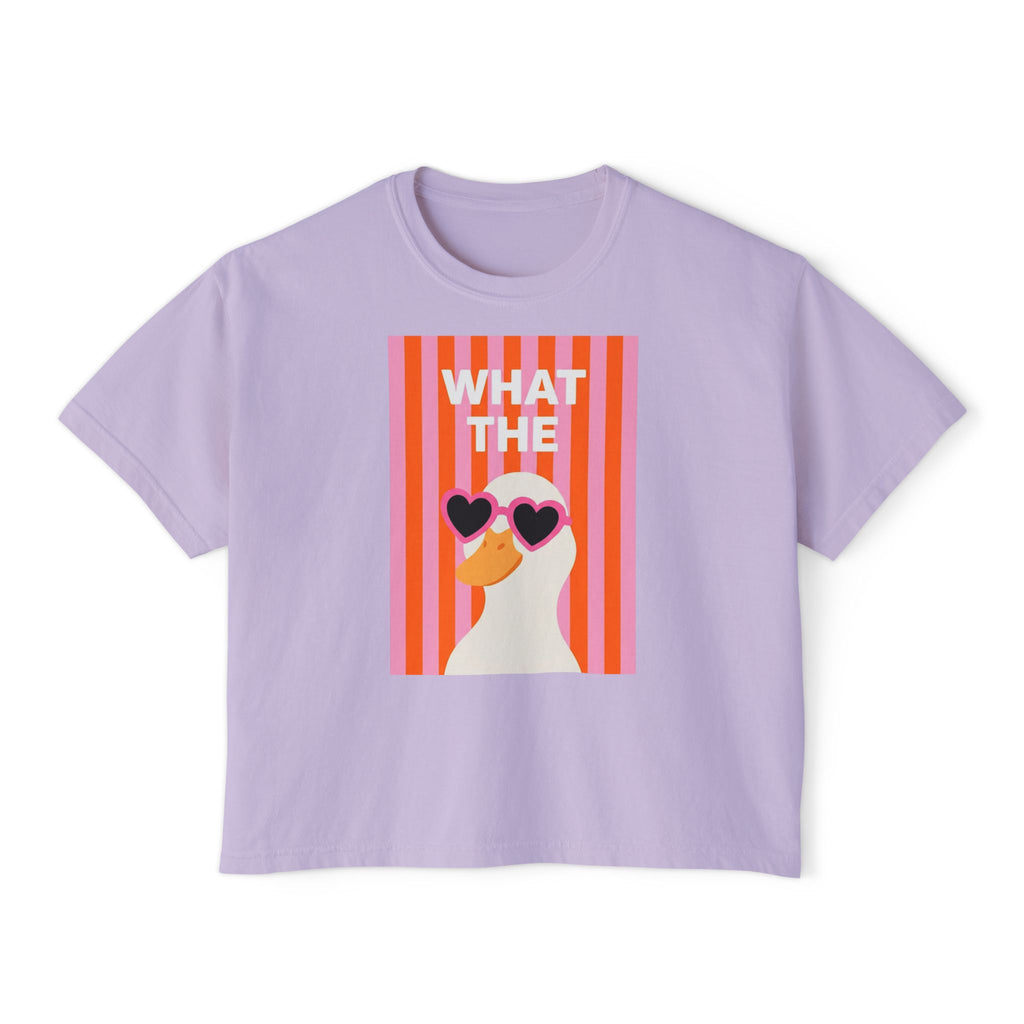 Lavender crewneck crop T-shirt with duck graphic on the front