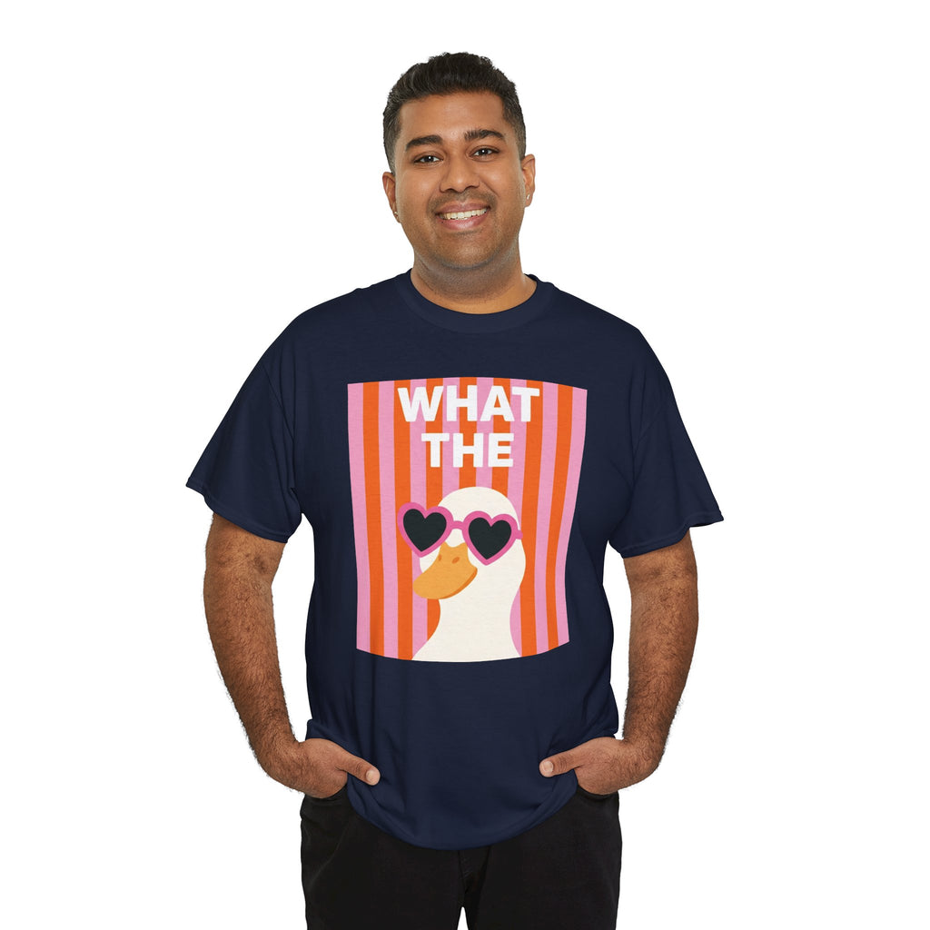 Navy crewneck T-shirt with centered 'WHAT THE' duck graphic and heart sunglasses