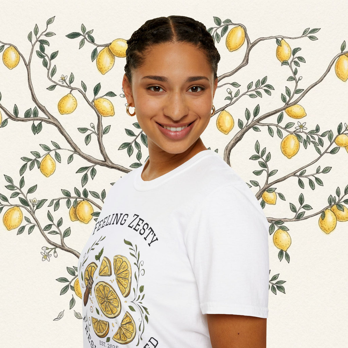 White graphic tee on person, side view with lemon slice illustration print