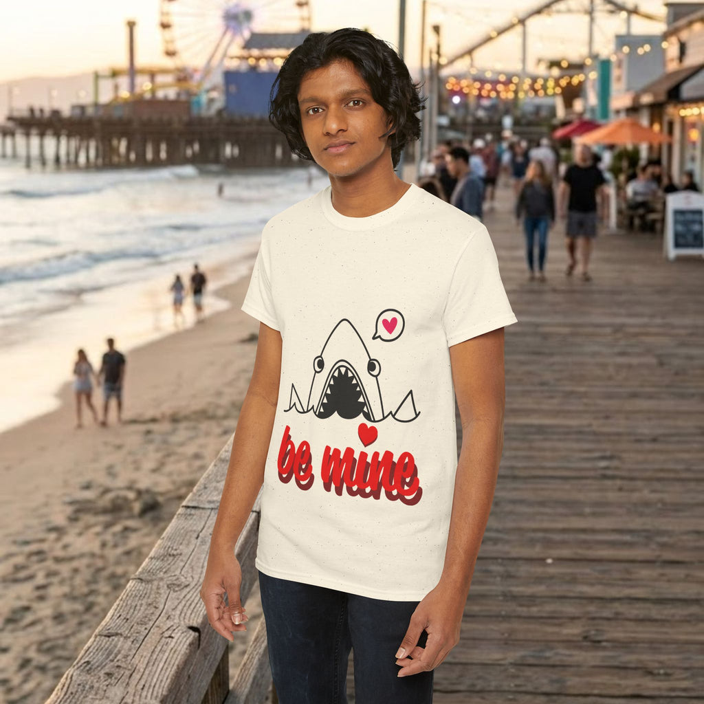 Cream crewneck t-shirt with shark graphic and red “be mine” text with heart
