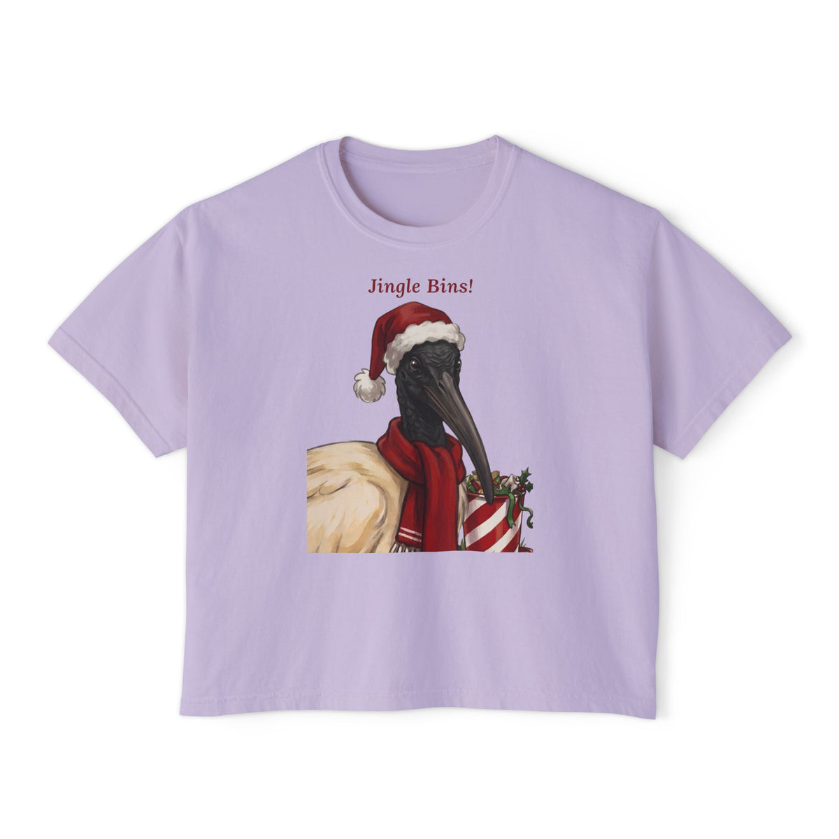 Lavender T-shirt with 'Jingle Bins!' ibis in Santa hat chest graphic