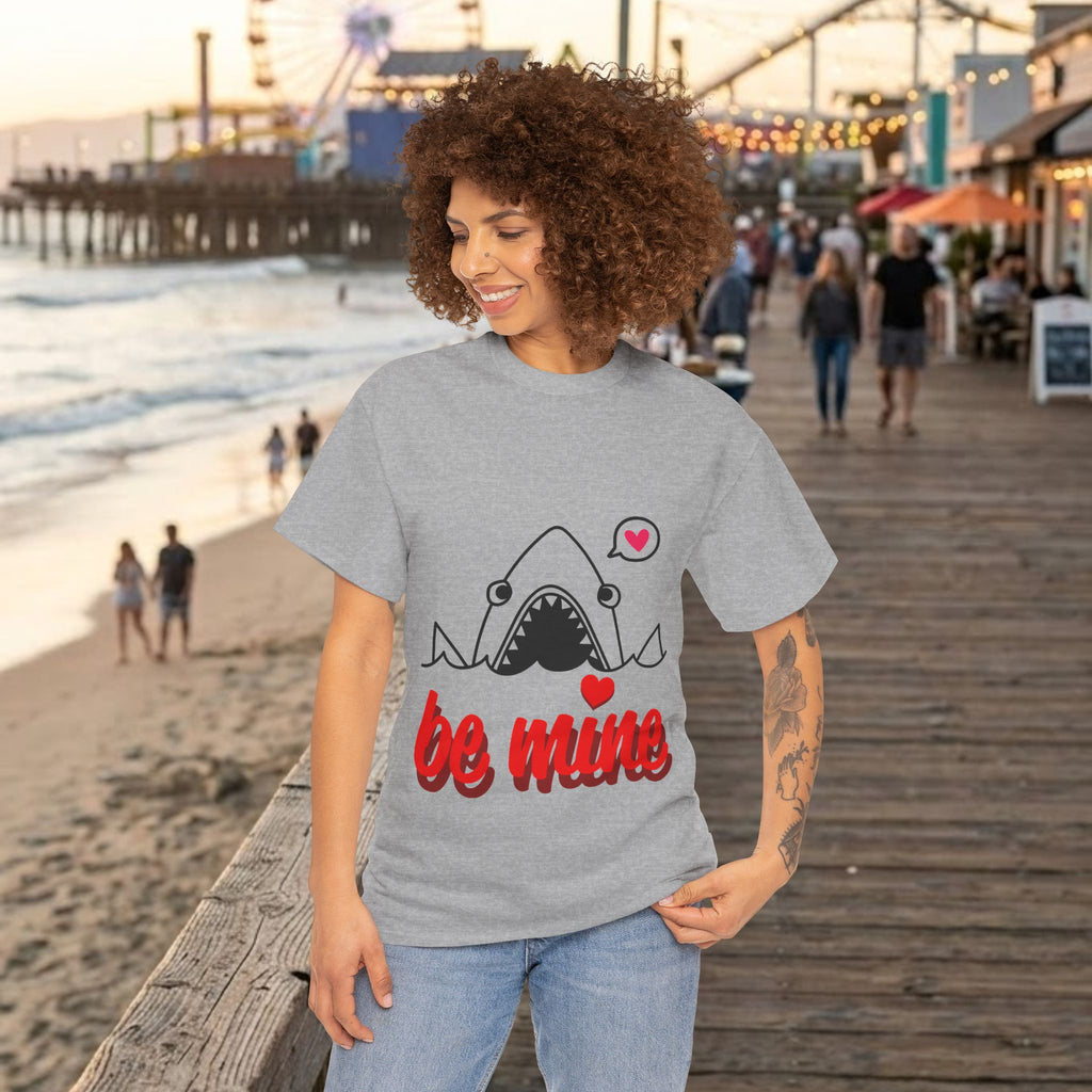 Heather gray t-shirt with shark graphic, red "be mine" text, and heart icons.