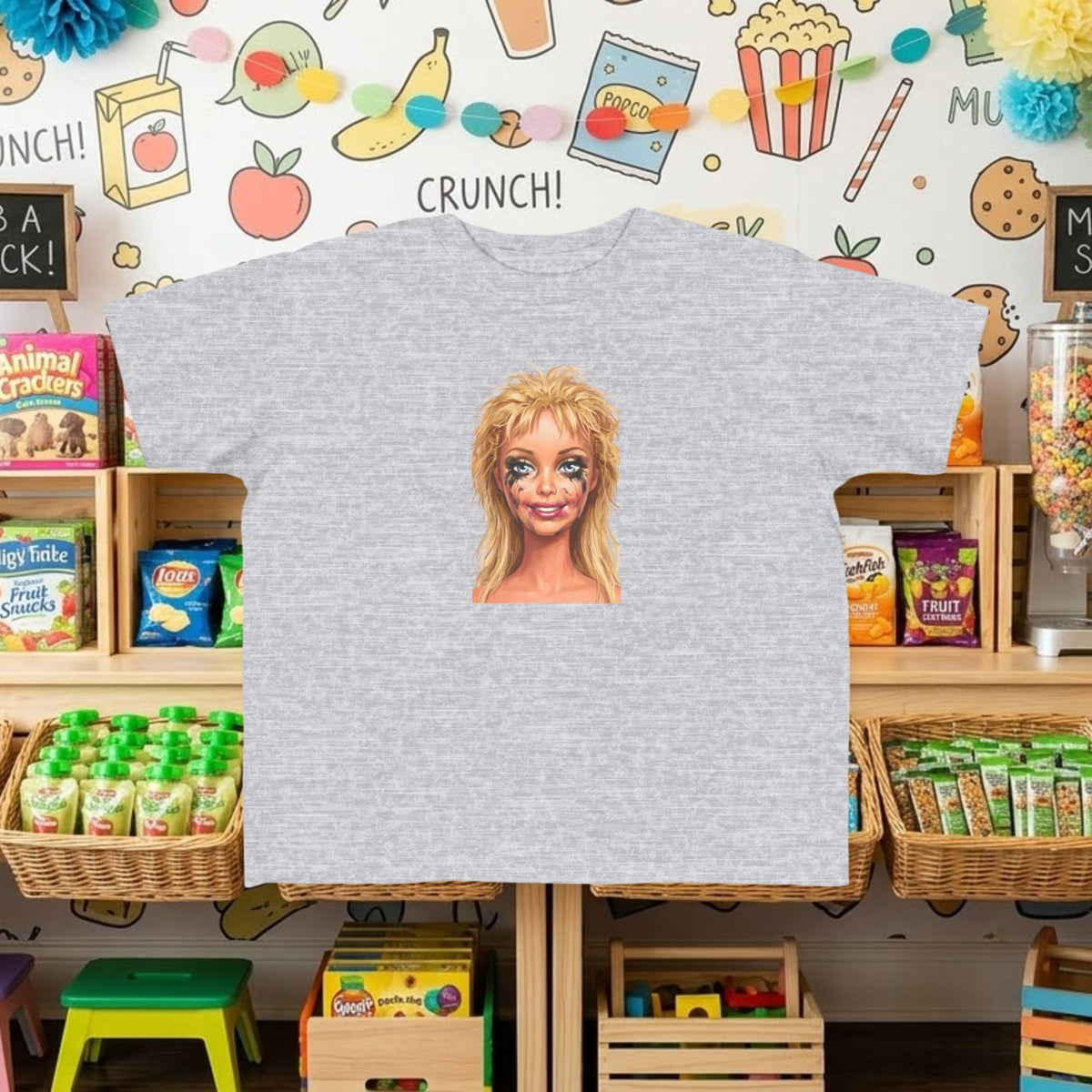 Toddler graphic T-shirt, heather gray with smudged doll face portrait print