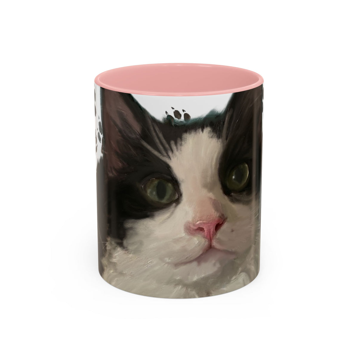 Cat face accent coffee mug with paw print pattern, white body, pink interior rim