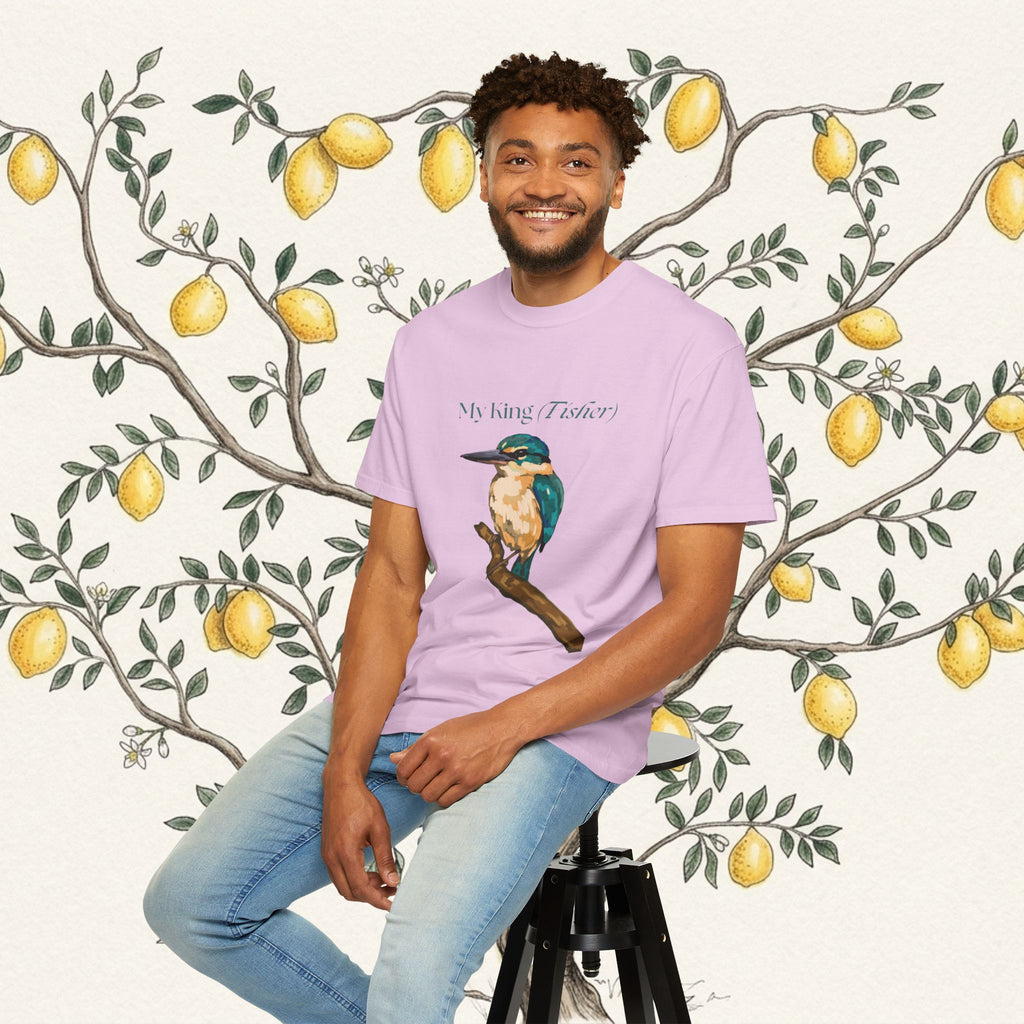 Lavender short-sleeve T-shirt with kingfisher bird graphic and text on front.