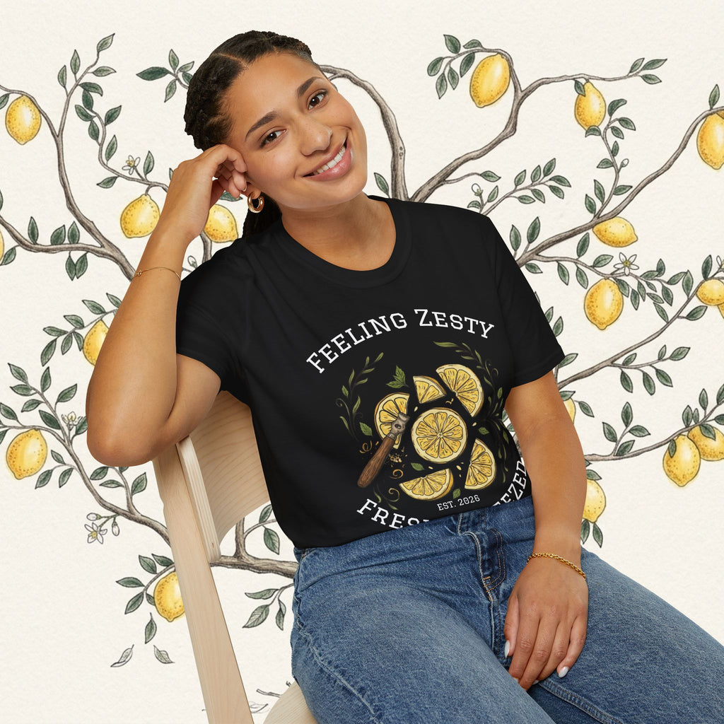 Black lemon citrus graphic tee with green leaves, crew neck, short sleeves