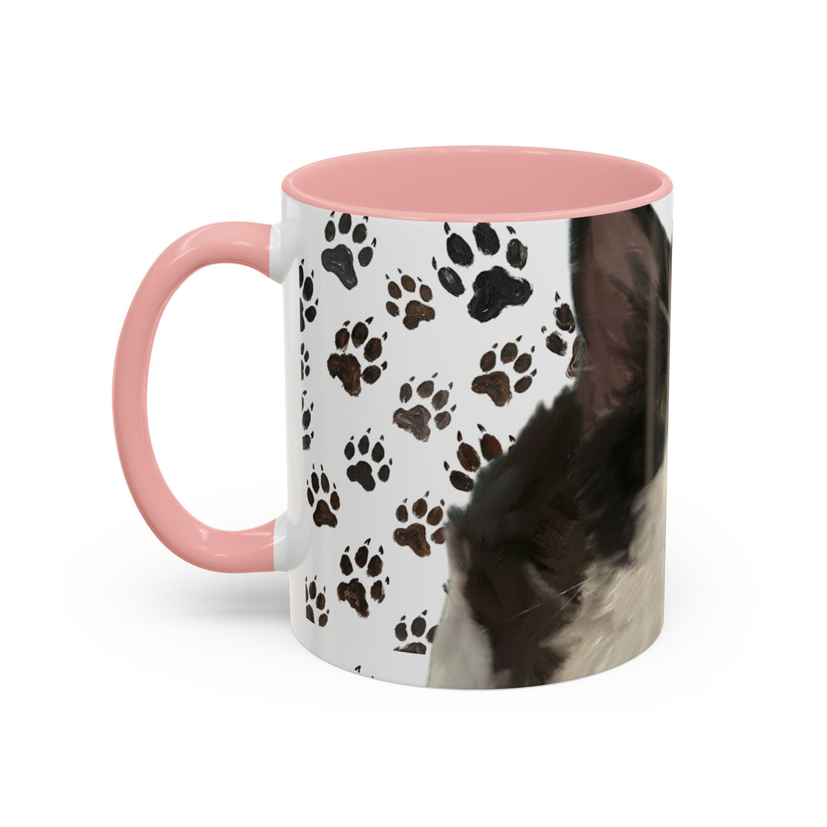 Cat face paw print accent coffee mug, white with black cat art, pink handle
