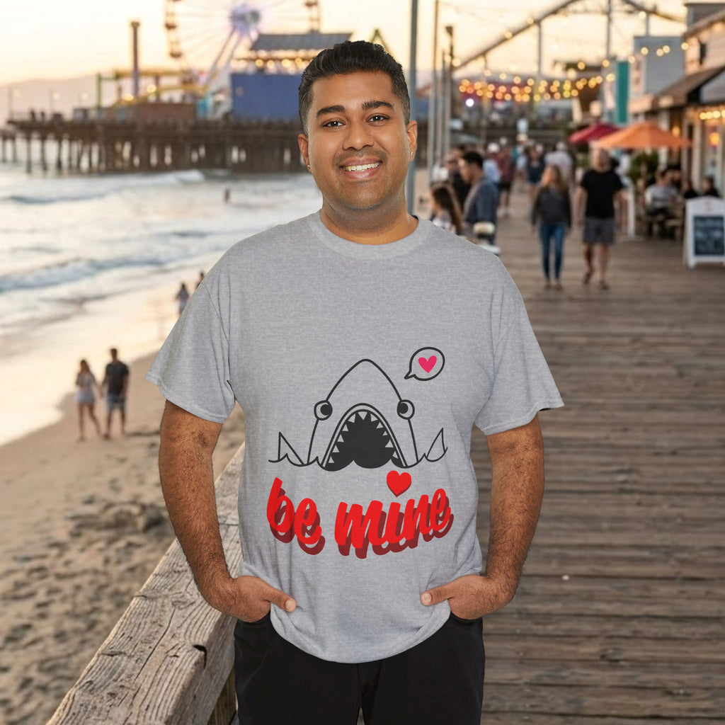Heather gray shark T-shirt with "be mine" lettering and small pink heart icons