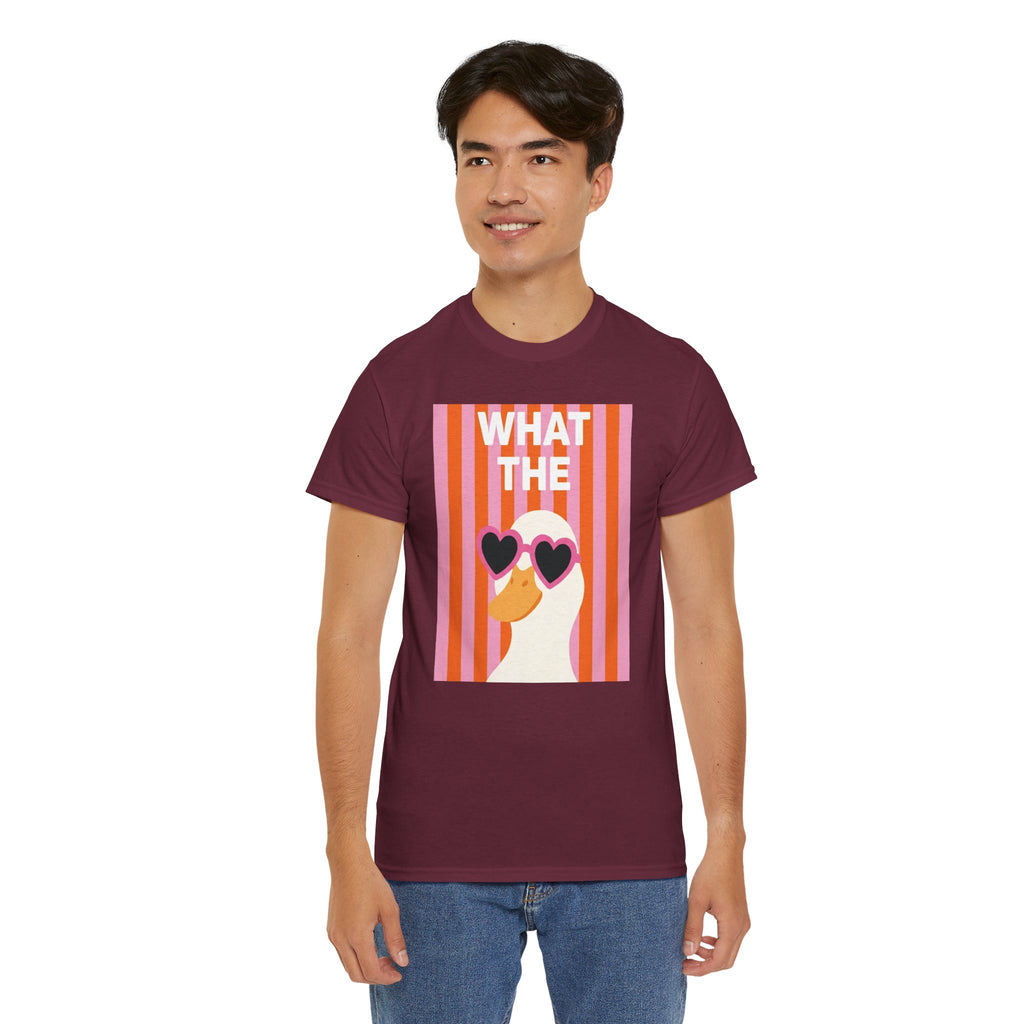 Maroon crewneck t-shirt with retro heart sunglasses graphic panel, front view.