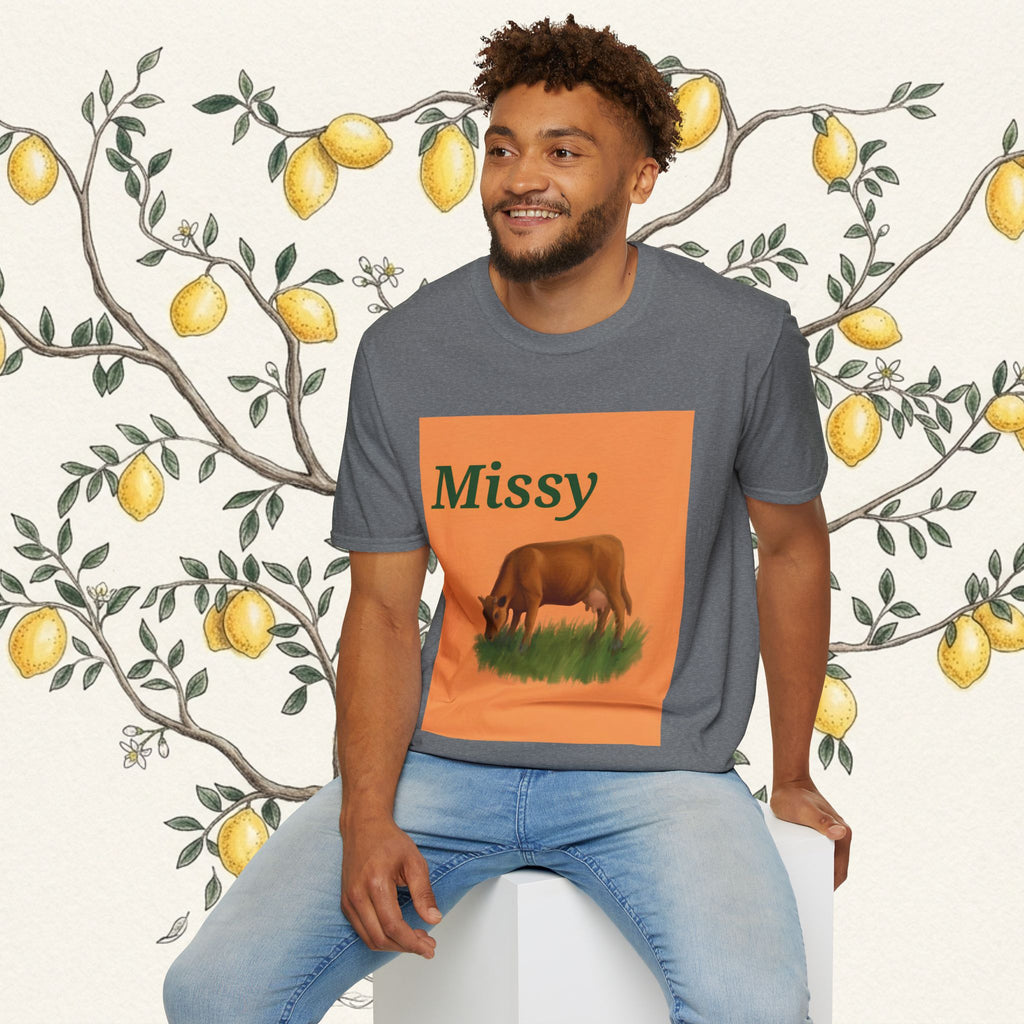 Dark gray t-shirt with orange Missy panel and grazing cow graphic, crew neck