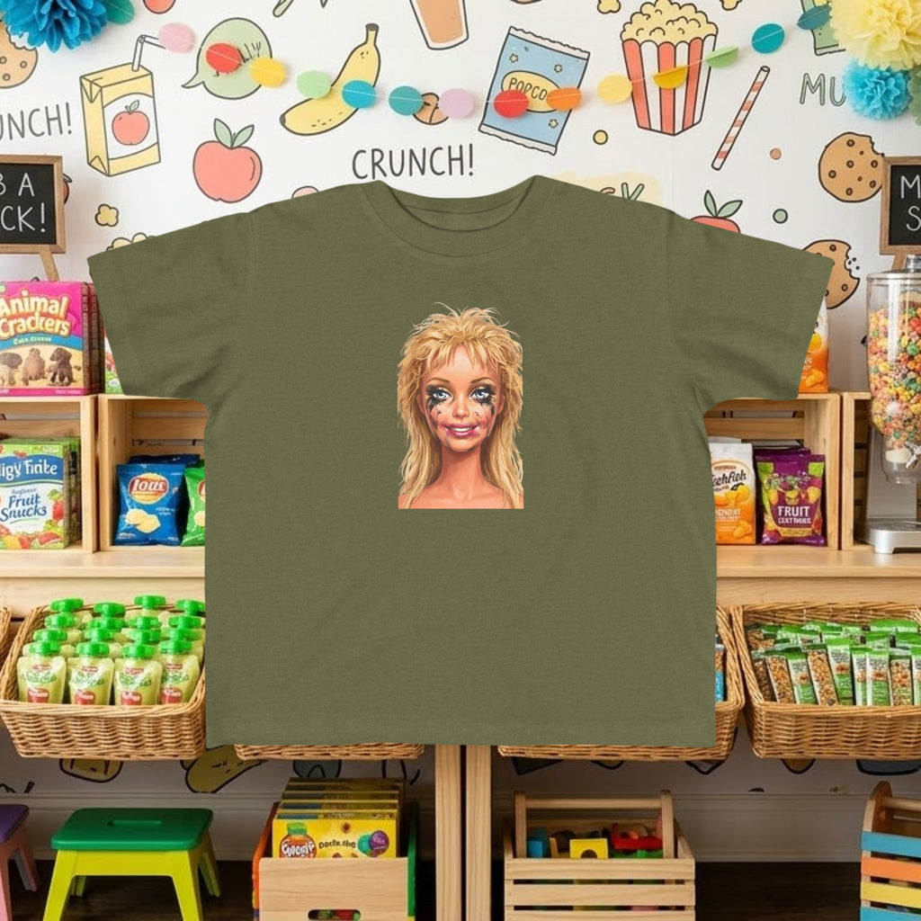 Toddler graphic T-shirt, olive green with smudged doll face portrait print