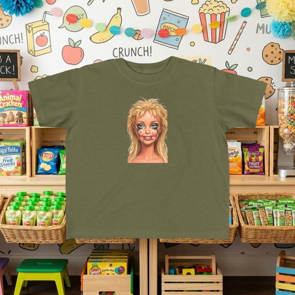 Toddler graphic T-shirt, olive green with smudged doll face portrait print