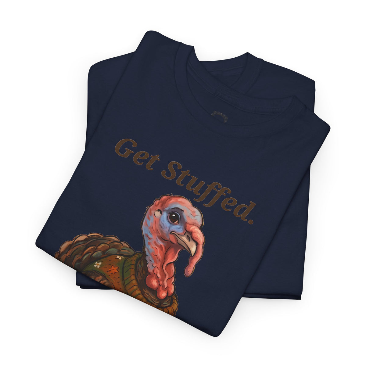 Navy folded t-shirts with 'Get Stuffed.' turkey graphic print on top shirt