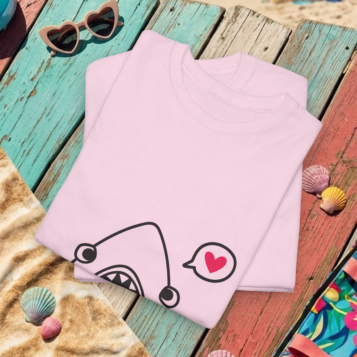 Light pink T-shirt close-up with partial cartoon shark and “be mine” graphic