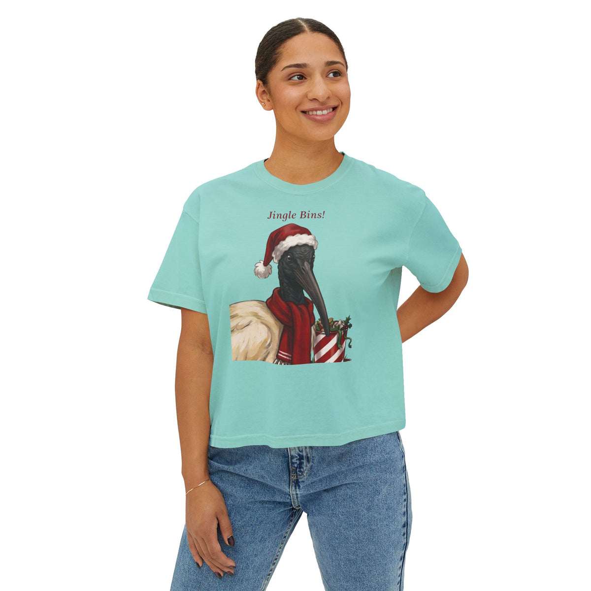 Chalky mint crewneck T-shirt with “Jingle Bins!” bird in Santa hat illustration