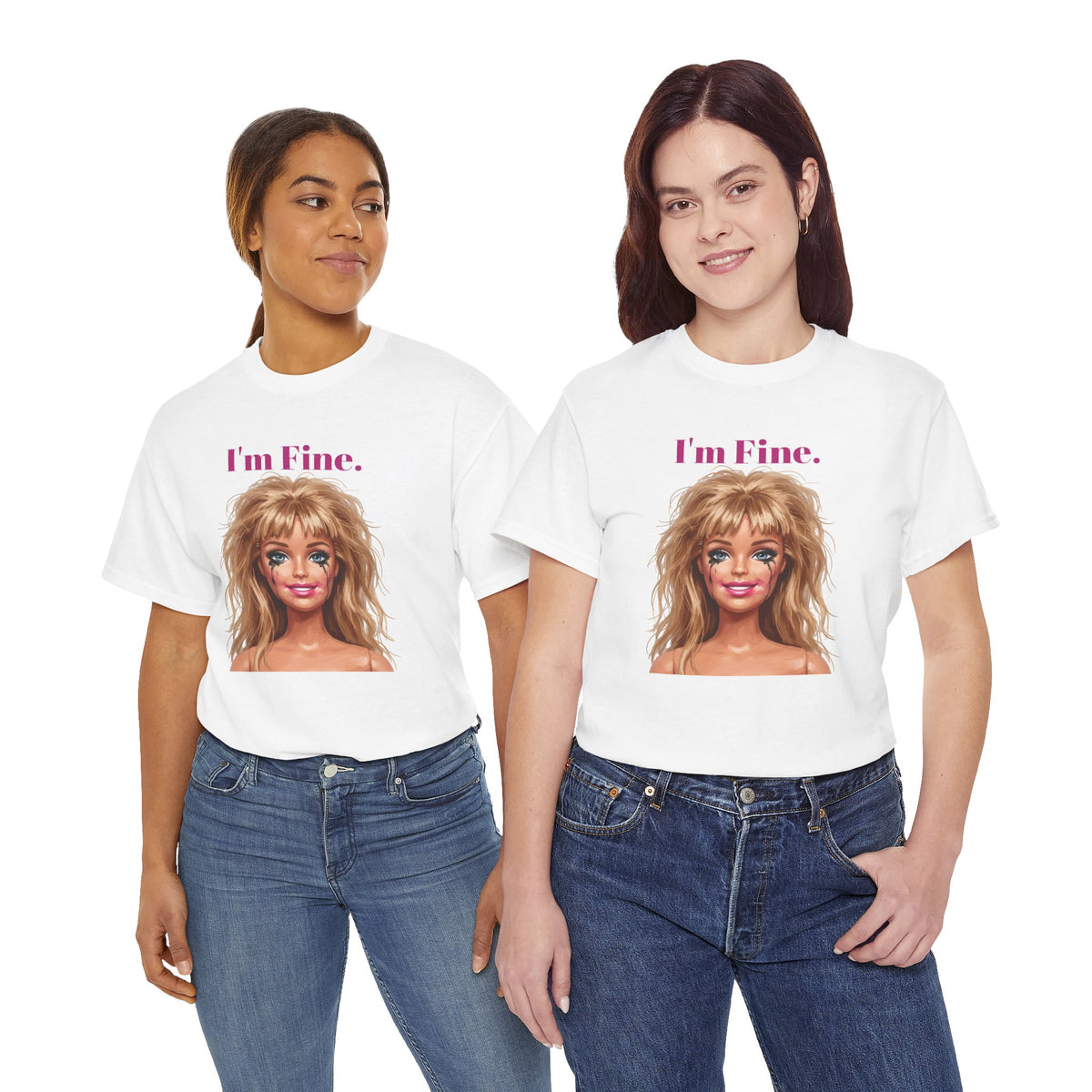 White unisex cotton graphic tee with 'I'm Fine.' text and doll face print on front