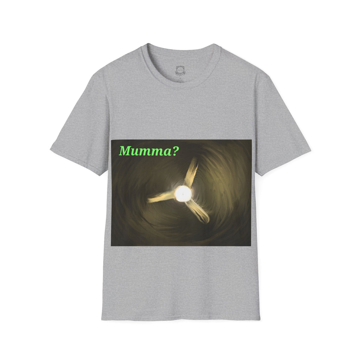 Light gray ceiling fan graphic T-shirt with green "Mumma?" text and glowing fan image