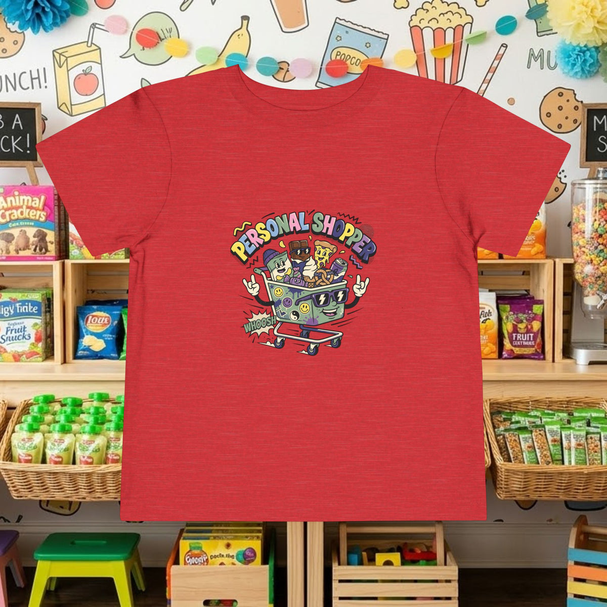 Red toddler tee with colorful shopping cart graphic and “Personal Shopper” text