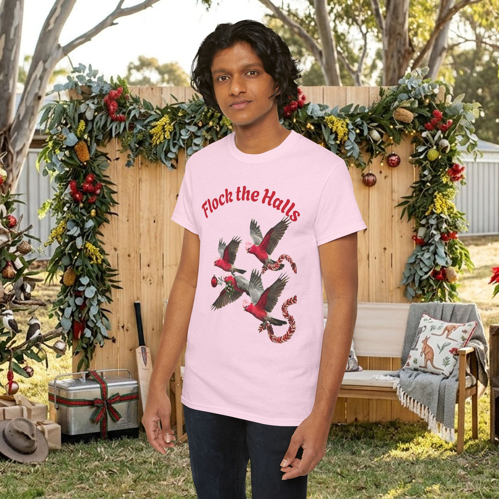 Light pink crew-neck T-shirt with cardinal bird print and red “Flock the Halls” text