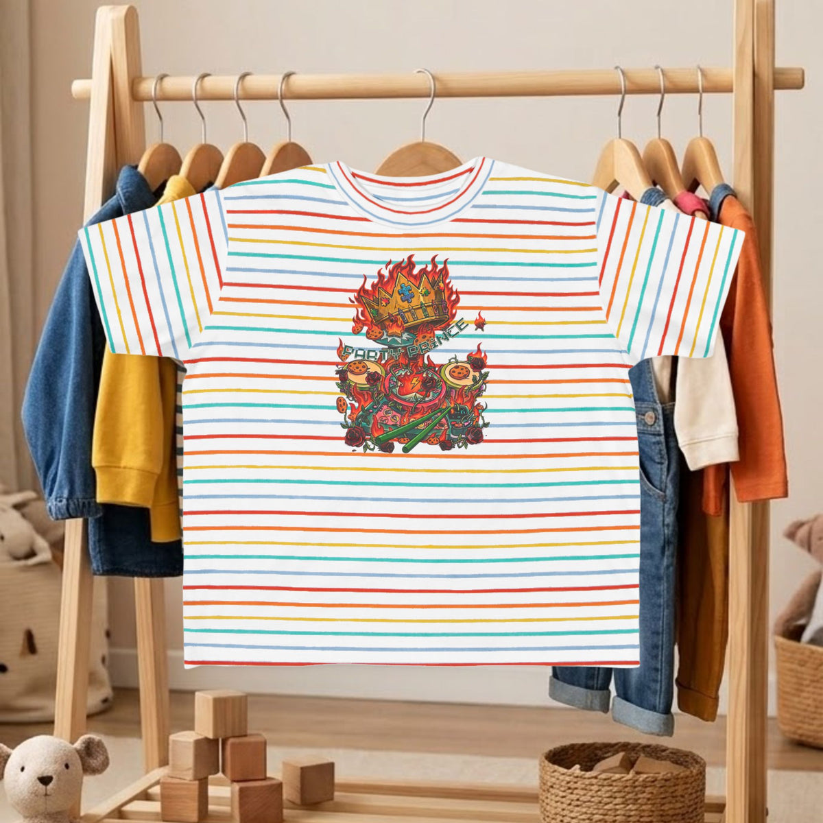 White-and-orange striped toddler tee with flaming crown dino graphic