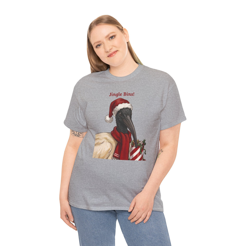 Gray crewneck t-shirt on model with “Jingle Bins!” and Santa bird print